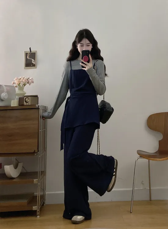 早秋穿搭一整套女大码胖mm显瘦遮肚减龄吊带背心上衣阔腿裤三件套
