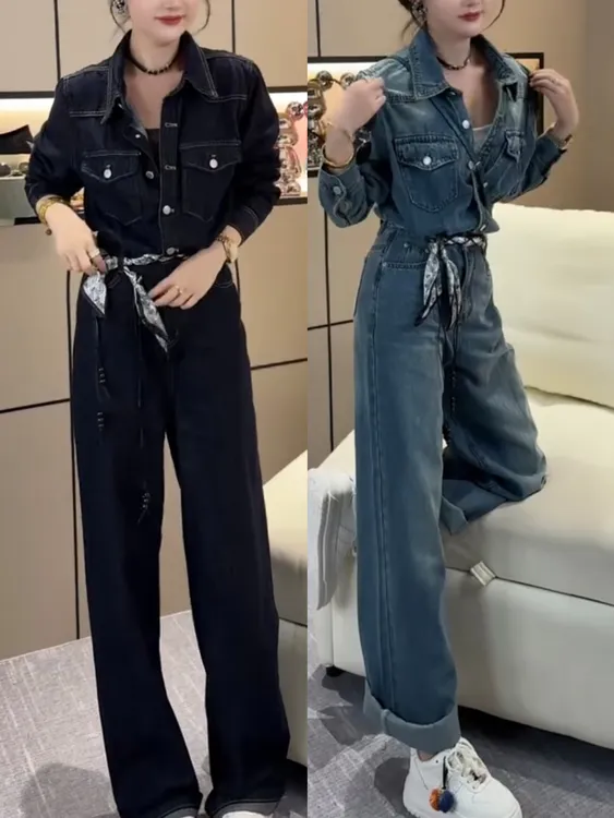 2025秋季新款牛仔连体裤长袖翻领洋气减龄气质高腰宽松显瘦直筒裤