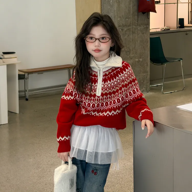 女童费尔岛提花半拉链针织衫2025秋冬新款宽松加厚圆领毛衣打底衫
