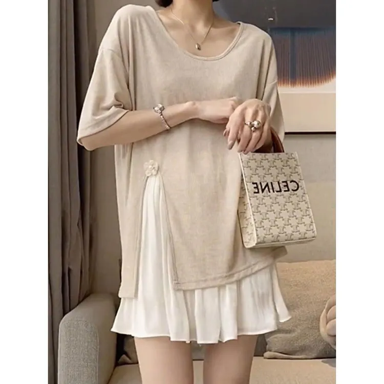 2022年夏季新款韩系设计感开叉短袖T恤显瘦裤裙套装修身