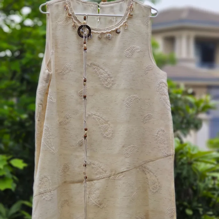 刺绣夏季吊带裙大摆裙无袖连衣裙双层新中式设计师绣花提花