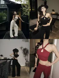 FORNIS 秋冬露肩交叉挂脖吊带上衣宽松阔腿裤F25B3258+F25K3259