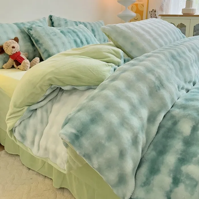 加绒加厚单人双面绒绒被牛奶绒大泡泡渐变纯色牛奶绒四件套金