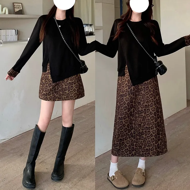 大码胖mm高级感时尚不规则上衣搭配豹纹长短裙套装