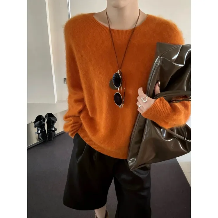 新款秋冬宽松型常规长袖百搭羊绒羊毛衫针织不褪色圆领拉毛