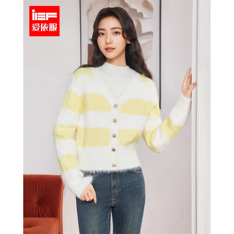IEF/爱依服2025年冬春季新款韩版女人味时尚气质条纹毛织外套