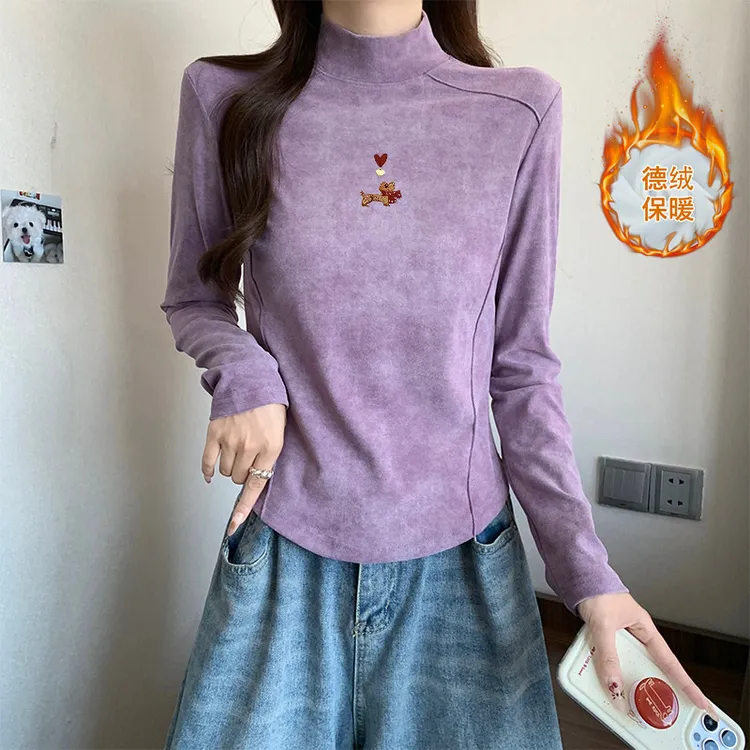 紫色扎染半高领磨毛德绒打底衫女2026新款秋冬修身保暖内搭厚T恤