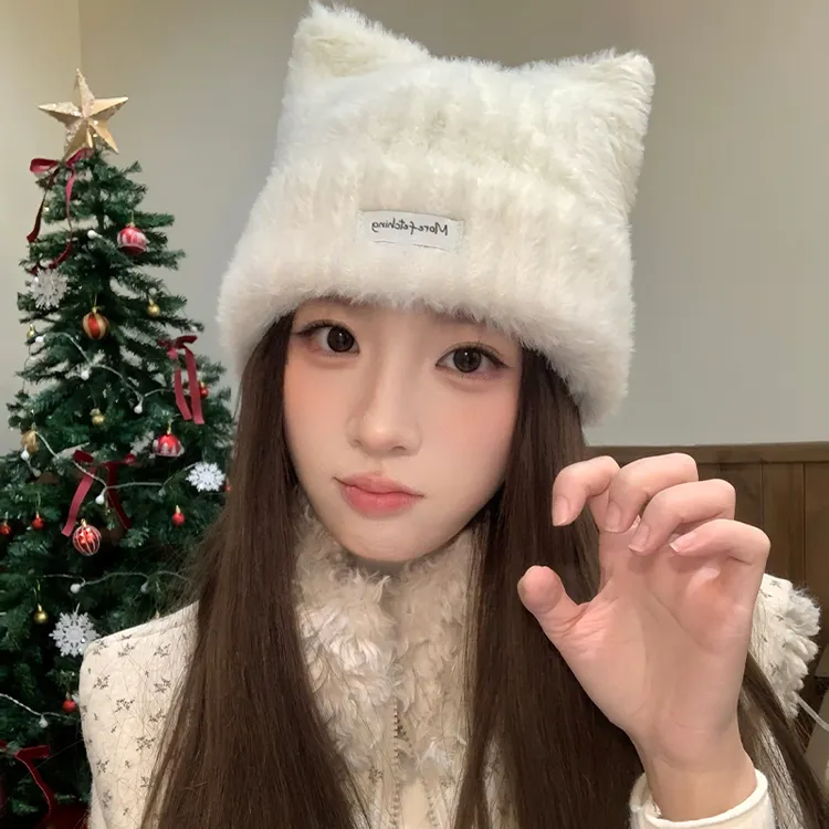 可爱猫耳朵针织帽子女冬季保暖护耳帽包头显脸小套头冷帽毛线帽子