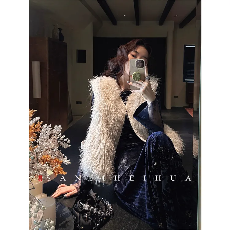 三吉黑花【海德薇】环保皮草马甲女款2025新款冬流行加厚段染貉毛