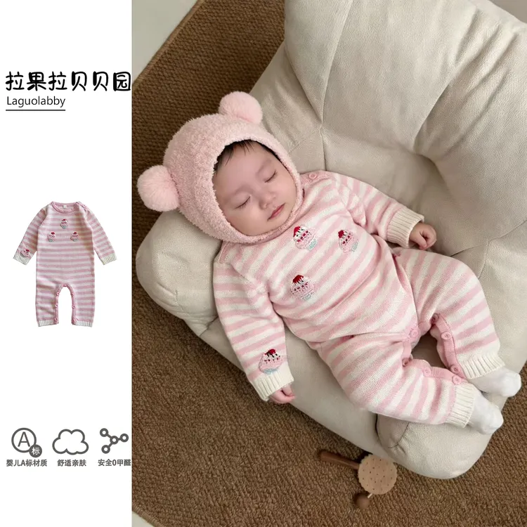 ins欧美春秋款宝宝爬服女童女宝宝针织棉线新生儿薄款蛋糕哈衣