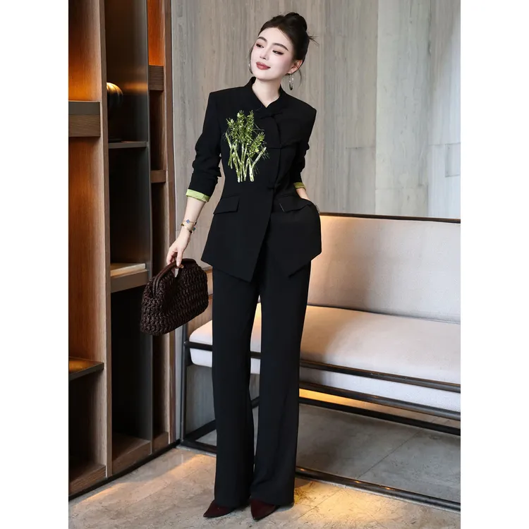 工作时尚套装静奢风黑色新中式花卉设计感中国风旗袍西装正装套裤