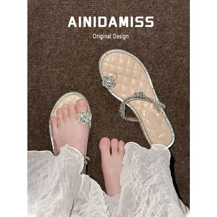 羊皮版~法式仙女风粗跟露趾凉鞋女夏外穿2025新款中跟水钻凉拖鞋