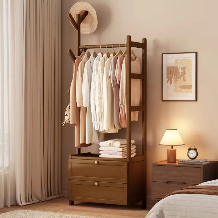 挂衣架落地卧室家用带储物柜收纳床边晚上放衣服实木多功能衣帽架