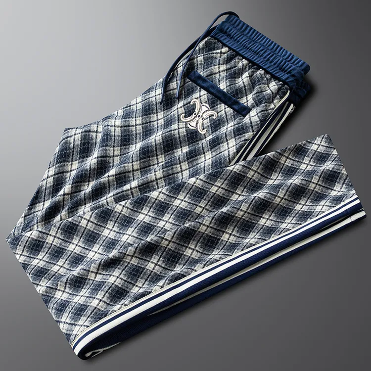 轻奢高端保暖磨毛撞色格子休闲裤男直筒2025新款时尚抗皱运动裤潮
