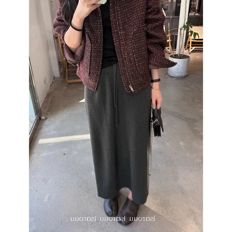 耶古复古深灰色针织半身裙女秋冬季新款高腰系带垂感a字直筒长裙