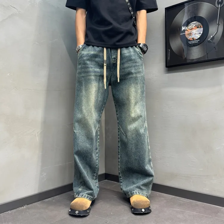 褶皱男士直筒裤水洗牛仔裤秋季韩版2025弯刀裤阔腿长裤新款休闲裤