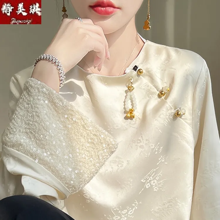 精致国风~缎面提花女士上衣2025新款春秋薄款盘扣长袖外穿打底衫