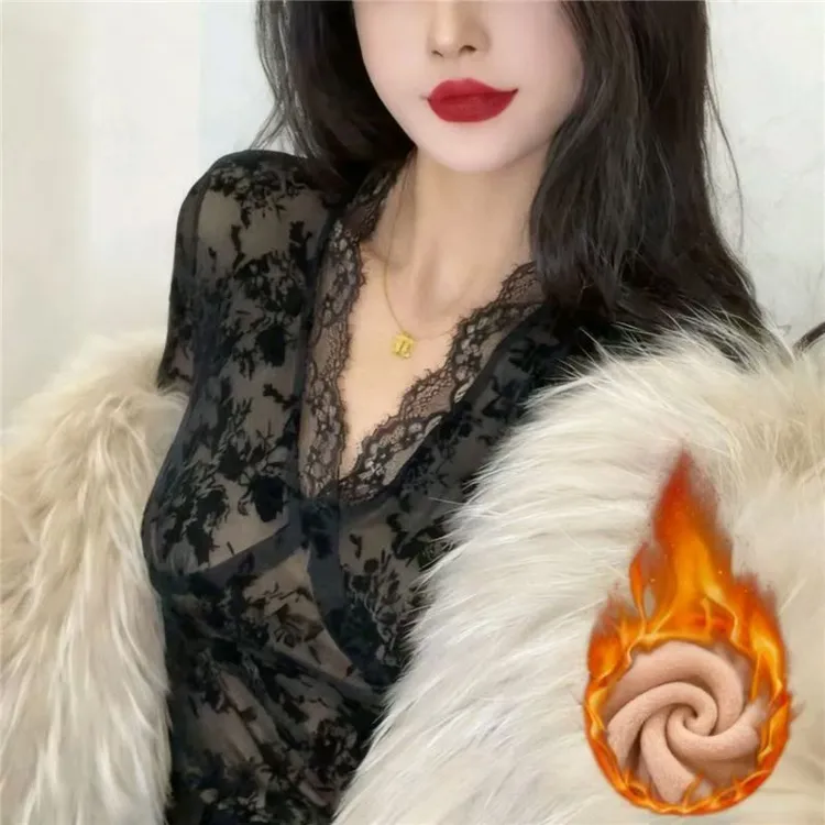 2025冬季新品轻熟风性感蕾丝加绒长袖修身型打底衫百搭洋气上衣女