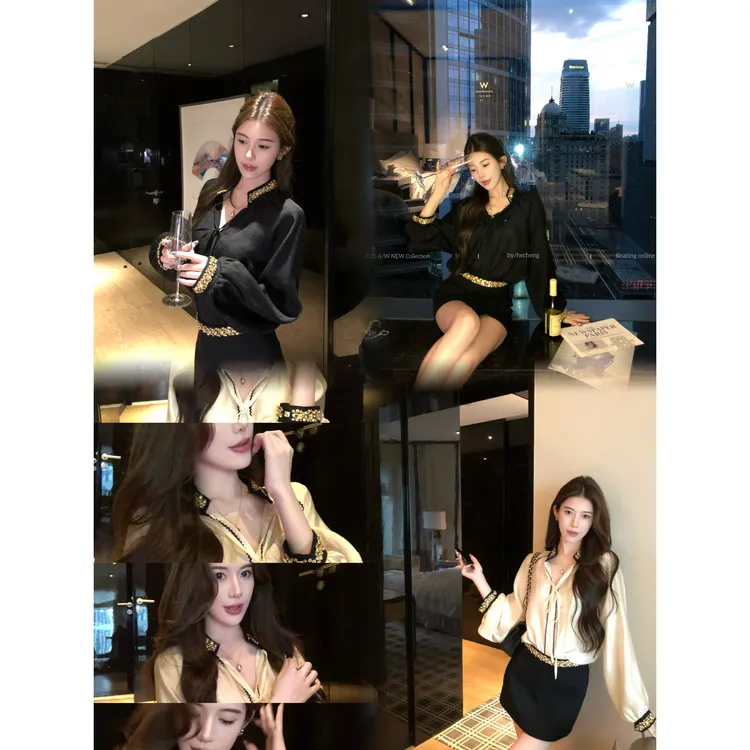【禾呈】秋季气质时尚通勤显瘦长袖正肩小V领钉珠小众上衣女10657