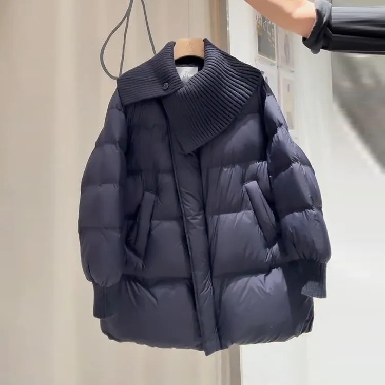 黑色针织披肩泡芙棉服女2025冬季新款韩系中长款保暖设计感外套