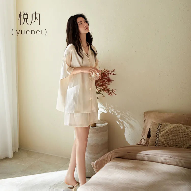 悦内睡衣女款夏季夏天冰丝绸款短袖短裤家居服薄款休闲时尚高级感