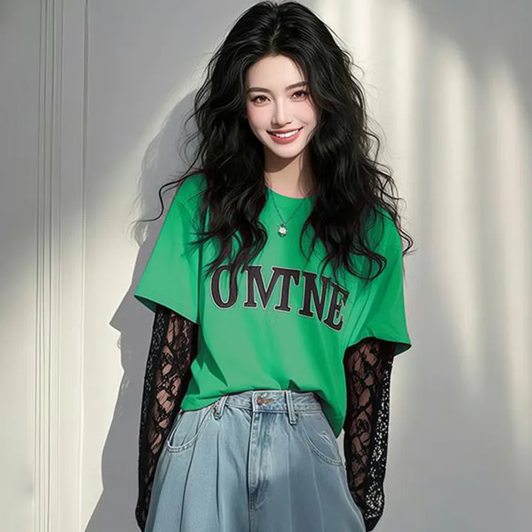 慵懒风气质假两件上衣2025春季新款元气感别致蕾丝拼袖长袖t恤女