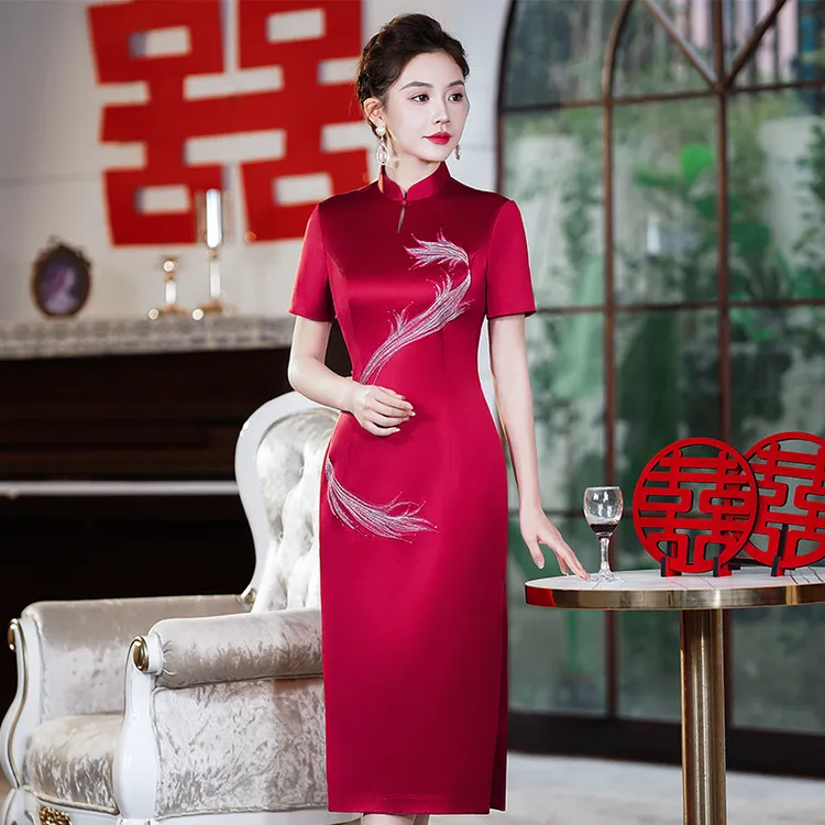 新款醋酸缎旗袍春夏日常传统连衣裙宴会主持演出礼服喜妈妈婚宴装