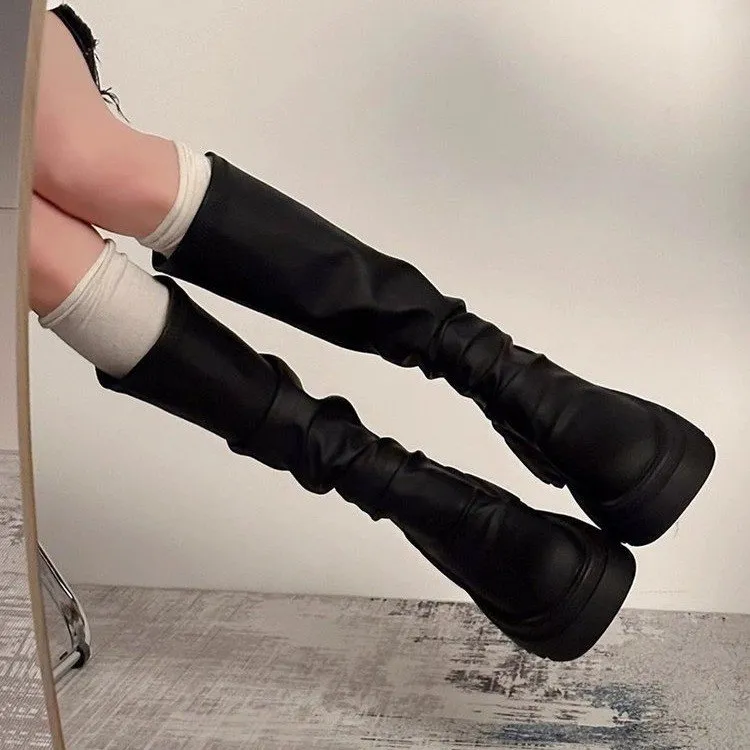 厚底高筒靴新版韩版秋冬季瘦瘦长筒靴小个子粗跟不过膝推推长靴女