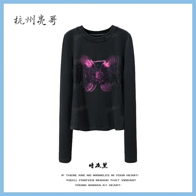 【亮哥欧货女装】冬季加厚羊毛《蕾丝印花》高弹显瘦打底上衣26122-B5