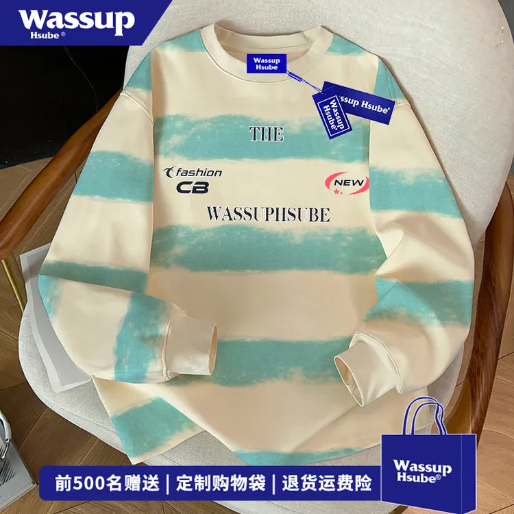 WASSUP HSUBE美式字母印花长袖恤男秋季扎染条纹简约潮流百搭上衣