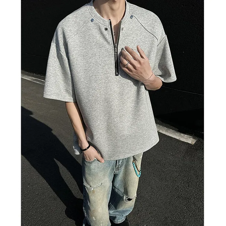 柳钉亨利领短袖男款夏季半拉链美式高街半袖cleanfit重磅潮牌t恤