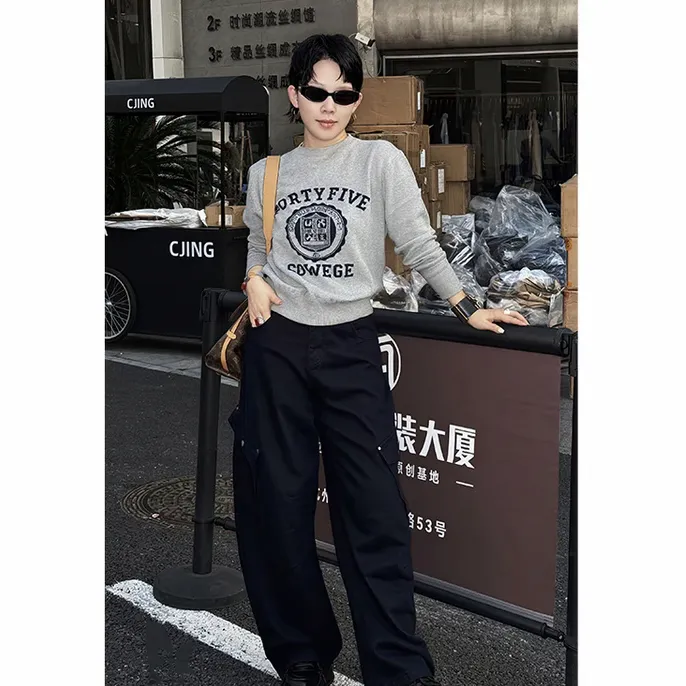 CJING2025秋季新款96449时尚图案圆领羊毛衫打底长袖衫女装卫衣