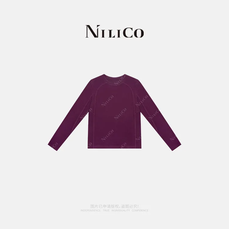 NILICO【解构主义】极简葡萄紫分割线设计长袖羊毛绒感T恤