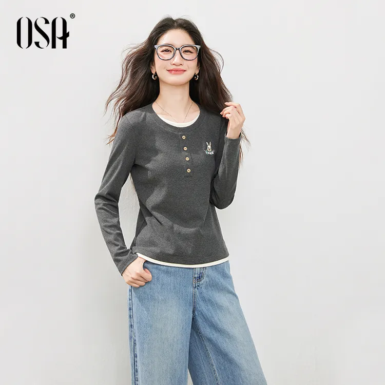 OSA/ 撞色假两件长袖T恤女叠穿内搭刺绣打底衫S125C11029