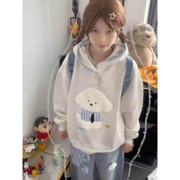 重工刺绣慵懒休闲卡通女带帽卫衣新款连帽长袖薄款宽松加绒加厚