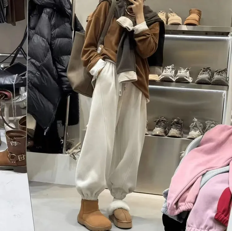 加绒大码秋冬欧货宽松束脚休闲裤运动卫裤纯色松紧腰百搭哈伦裤子