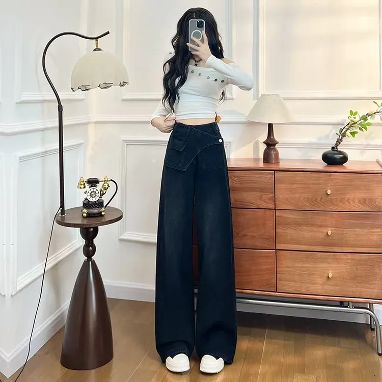 喜绚黑灰设计感时髦阔腿牛仔裤女2025春秋季新款宽松高级直筒裤子