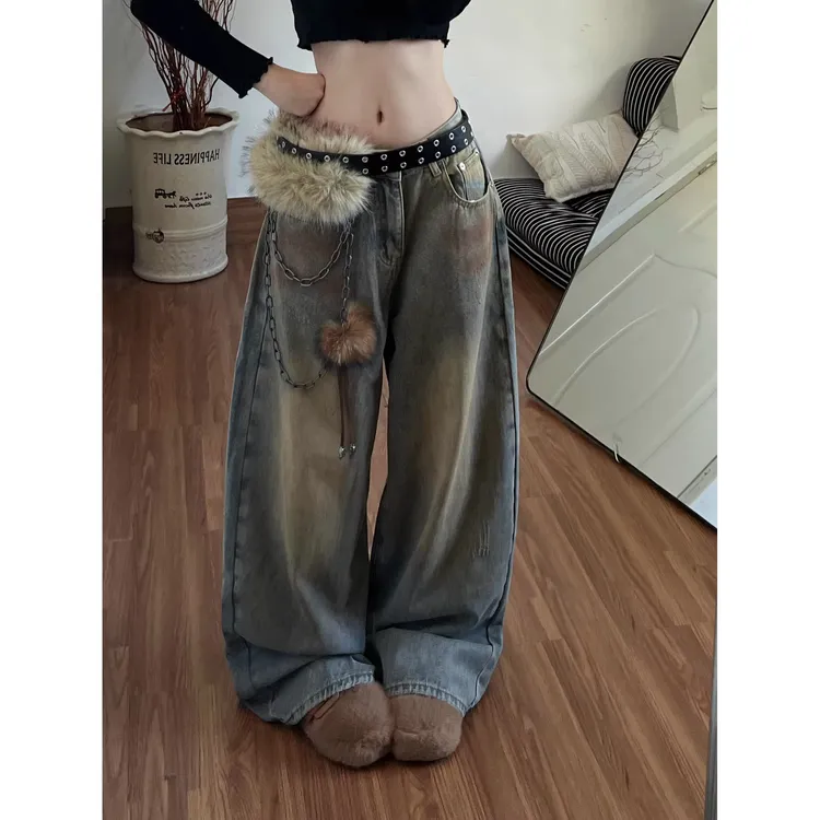 辣妹街头风做旧低腰牛仔裤裤子女款2025冬季新款宽松阔腿裤拖地裤