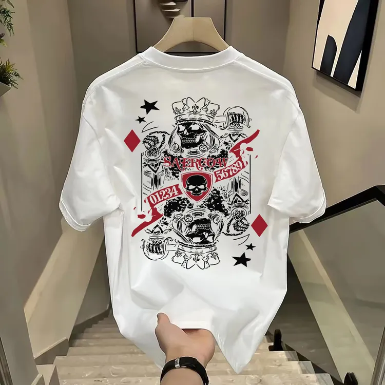 100%纯棉重磅短袖T恤数字扑克骷髅潮牌夏季新款宽松男装百搭半袖i