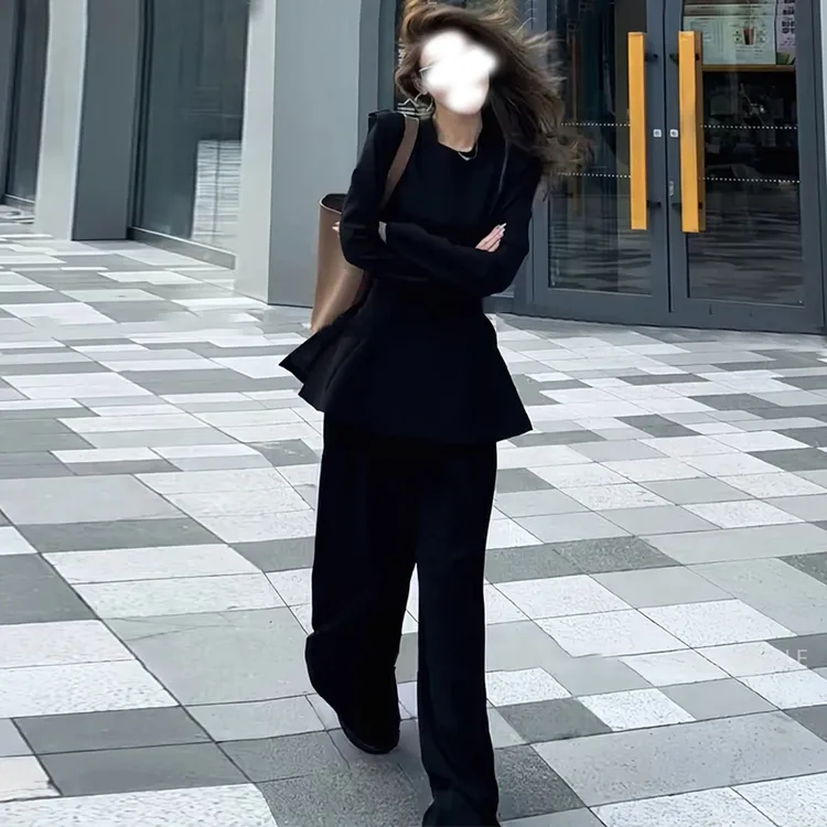 时尚简约休闲套装女2025秋季新款圆领收腰显瘦上衣阔腿裤两件套潮
