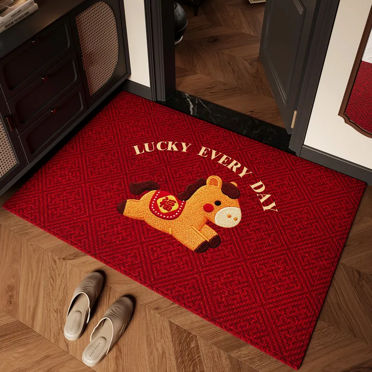 马年红色入户门地垫仿刺绣2025新款卡通进门脚垫防滑除尘玄关地毯