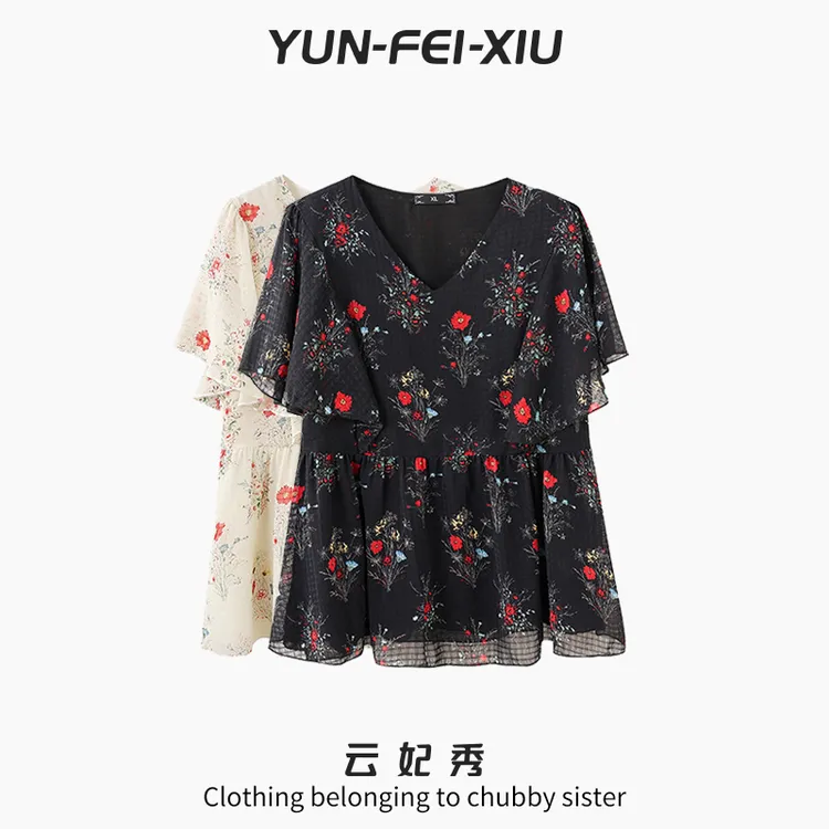 云妃秀大码女装雪纺衫休闲时尚胖妹妹显瘦宽松遮肉减龄上衣夏1075