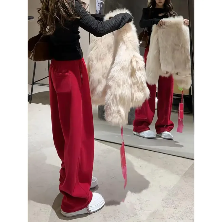 红色加绒加厚卫裤子女冬季2025新款巨好看今年流行爆款休闲阔腿裤