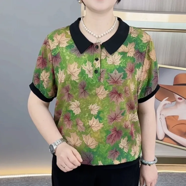 夏季新款时尚翻领洋气印花气质妈妈装显瘦减龄百搭短袖上衣H262