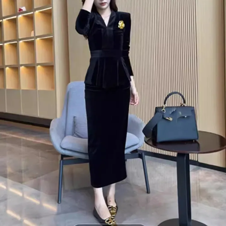 秋冬新款新款高级洋气显瘦领上衣高腰开叉半身裙套装-女装