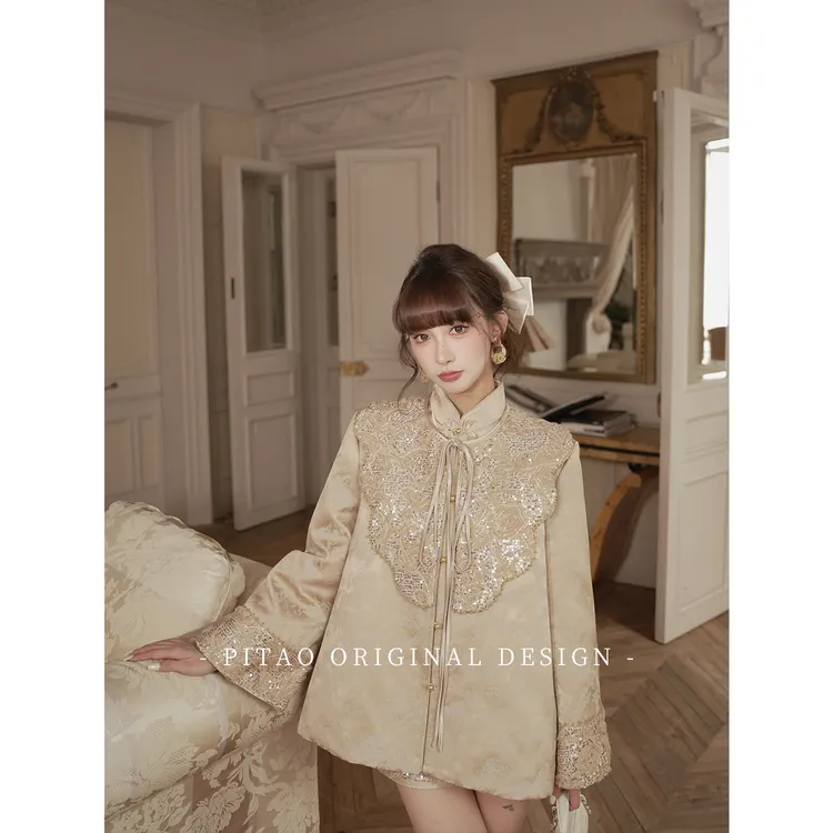 杜屁屁桃PITAO 原创【秋光锦书】云纹鎏金提花90白鸭绒羽绒服+短裤