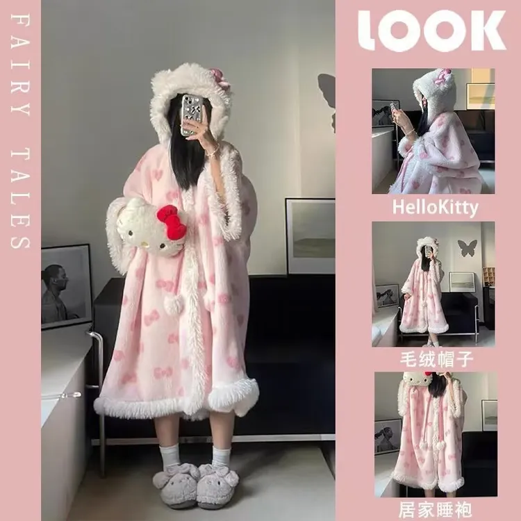 英国CospKosp蝴蝶结小猫咪连帽珊瑚绒睡袍女秋冬季毛绒加厚睡衣女