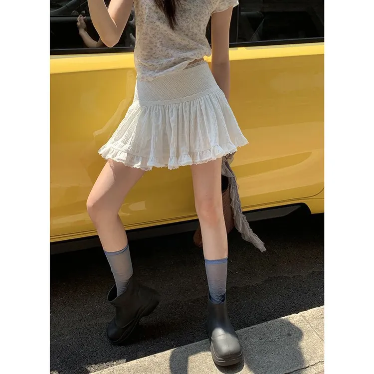 蕾丝蛋糕A字裙女夏季韩版2025新款高腰显瘦白色网纱蓬蓬半身裙子