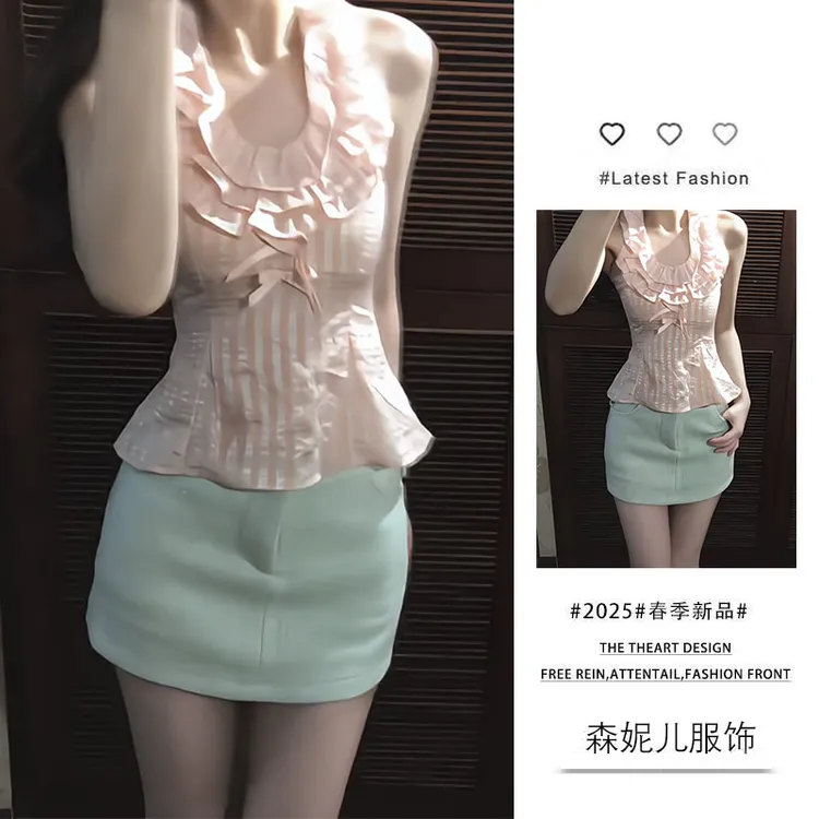 韩系穿搭女2025夏季新款甜美减龄花边修身无袖上衣显瘦短裙两件套