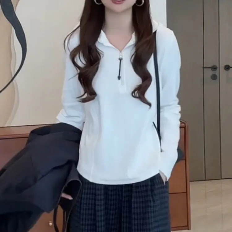 韩系显瘦日常通勤百搭线条设计感半拉链连帽打底T恤LK2506253